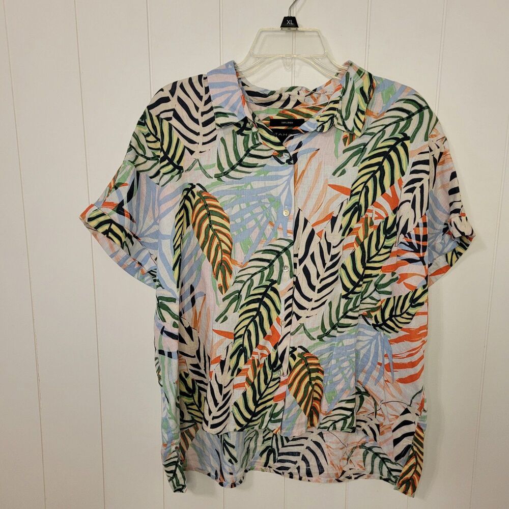 Tahari Linen Top Womens Size XL Button Up Tropical Coastal Short Sleeve